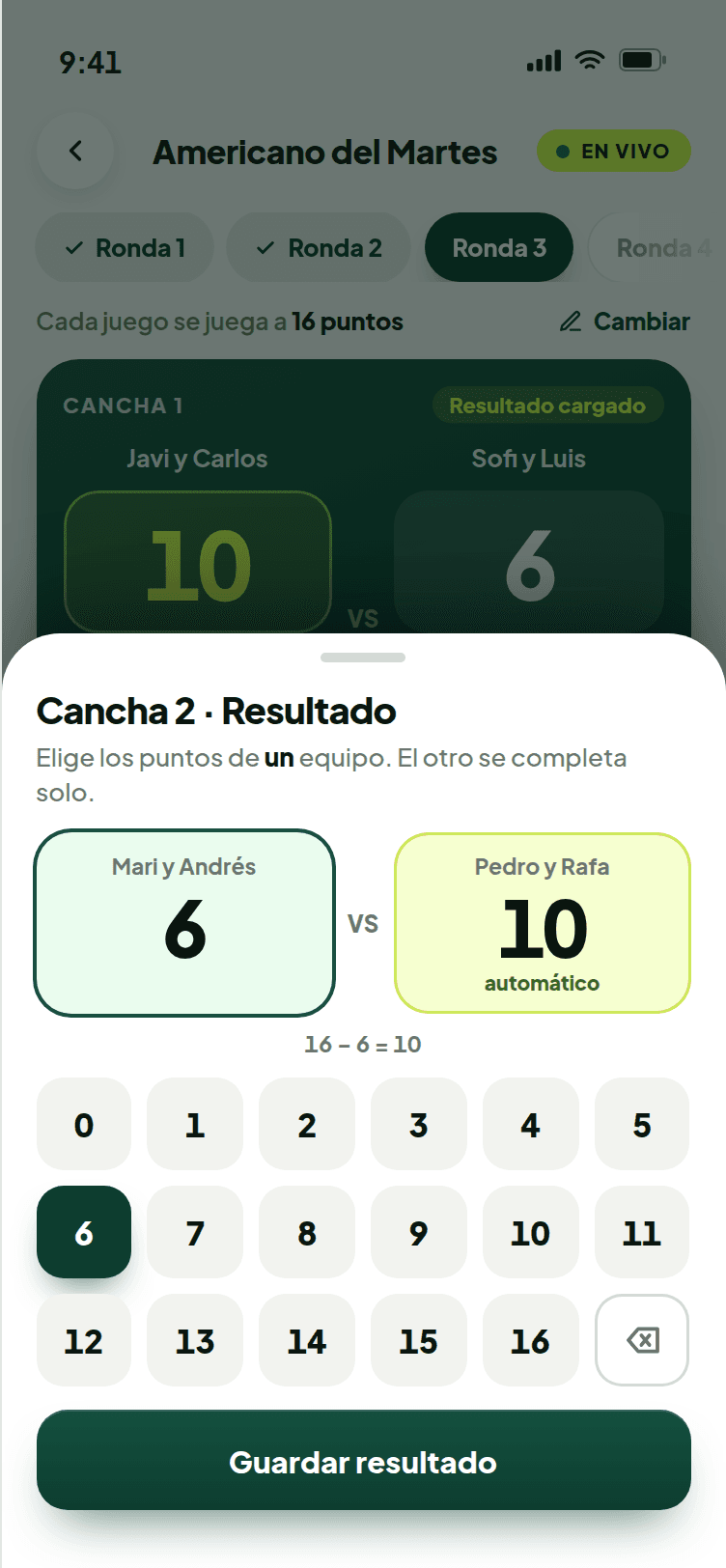 Hoja para cargar un resultado: eliges un marcador y el otro se completa solo
