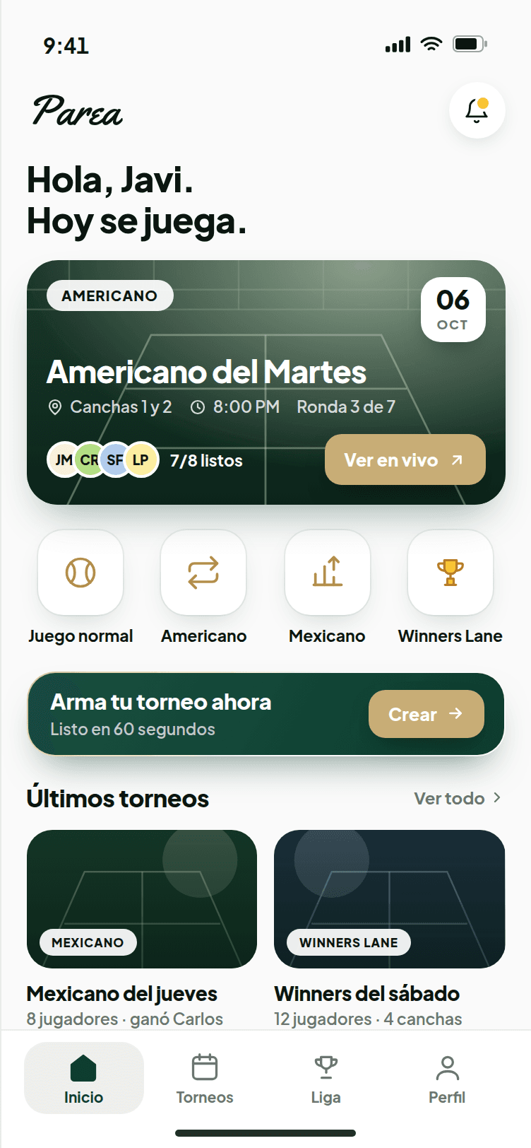 Pantalla de inicio con el torneo de hoy y los cuatro formatos
