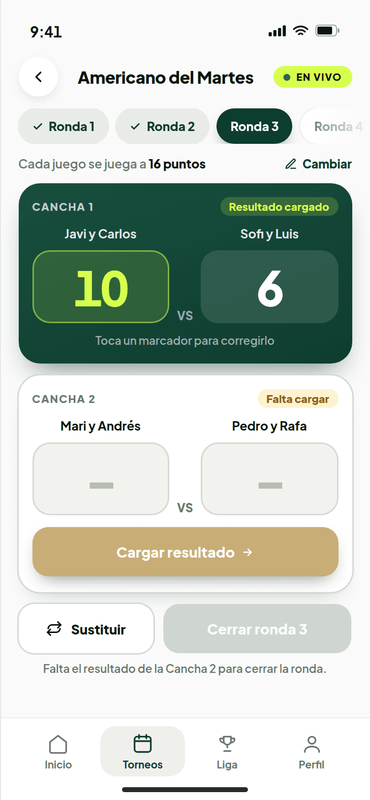 Pantalla de la ronda con el resultado de cada cancha